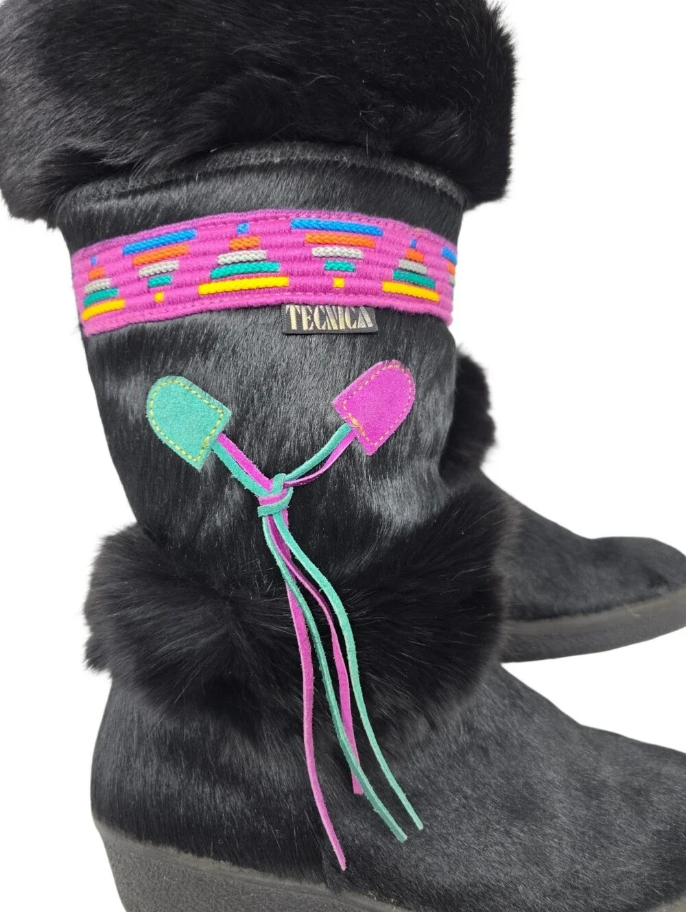 Vintage Tecnica Italy Black Genuine Fur Après Ski Boots US 8.5 Tassels & Cording